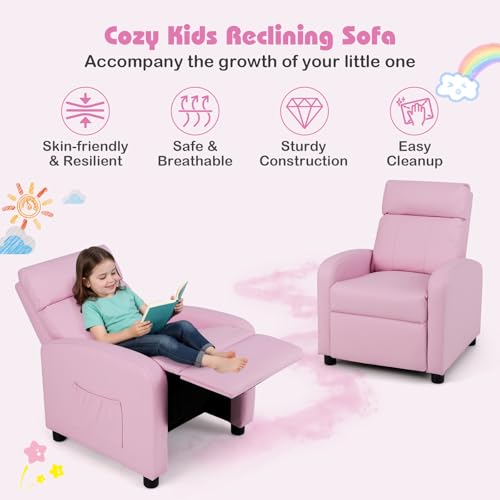 Image of Costzon Kids Recliner, Adjustable PU Leather Lounge Chair w /Side Pockets, Footrest, Headrest for Kids Room&Play Room, Easy to Clean, Padded Pink Recliner Sofa for Children Boys Girls Aged 3-12 (Pink)