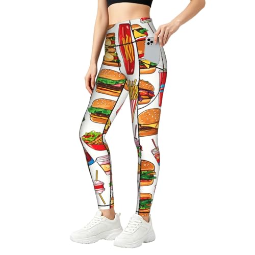 Leggings con estampado de comida rápida y conjuntos deportivos con bolsillos de mujer