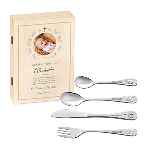 Maverton Cubiertos Acero Inoxidable Personalizado con Grabado - Set de 4 Piezas - Regalos Personalizados en Caja para Niños Bebe - Cutlery Set para Comunion Bautizo 1 año - Comer Maverton Cubiertos Acero Inoxidable Personalizado con Grabado - Set de 4 Piezas - Regalos Personalizados en Caja para Niños Bebe - Cutlery Set para Comunion Bautizo 1 año - Comer