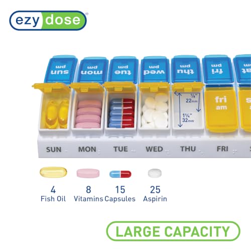 Image of Ezy Dose Weekly (7-Day) AM /PM Pill Organizer, Large Case, Blue /Yellow | Daily Vitamin & Supplement Medicine Box, Spacious Pop-Out Compartments, 2 Times a Day Pill Holder, Travel-Friendly, BPA-Free