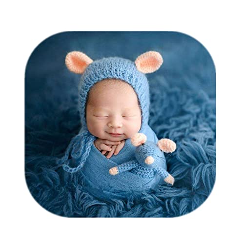 Vemonllas Fashion Cute Newborn Baby Boys Girls Knit Photography Props Mouse Hat with Doll Set (Blue)
