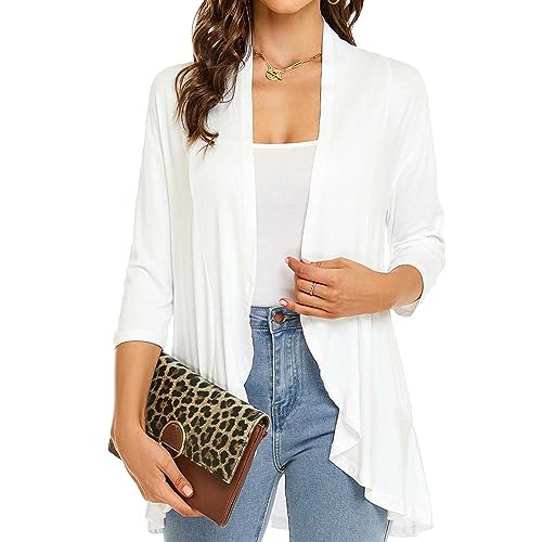Image of Womens Lightweight Cardigan Open Front Cardigans Soft Draped Ruffles 3 /4 Sleeve Cardigan (S-3XL)