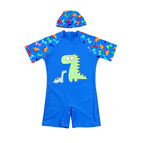 Preisvergleich Produktbild Gogokids Jungen Bademode Kurzarm Badeanzug - Kinder EIN Stück Schwimmbekleidung Schwimmanzüge und Badekappe Set Karikatur Dinosaurier, Hellblau S