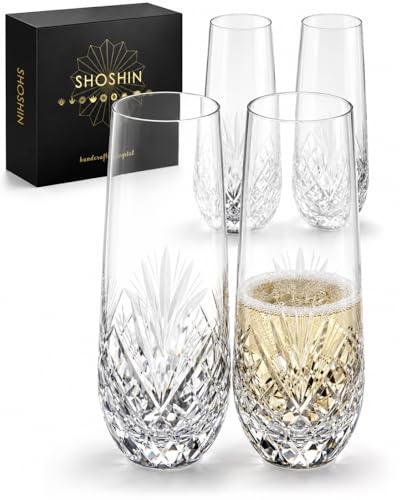 SHOSHIN Hand-Cut Crystal Stemless Champagne Flutes Set of 4, Handmade Mimosa & Sparkling Wine...