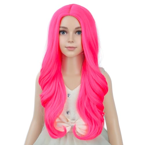 Image of PATTNIUM Neon Pink Wig for Girls Kids Long Curly Wigs Hot Pink Middle Part Heat Resistant Synthetic Wigs Halloween Cosplay Costume Party Wig