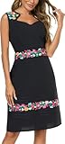 Women's Vintage Summer Dress Floral Embroidered V Neck Casual Party Cocktail Wrap Dress Black (L, E507BK)