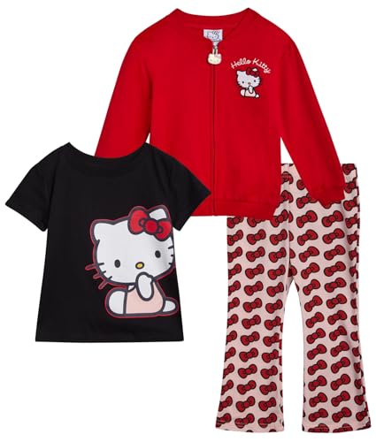 Image of Hello Kitty Girls Pant Set - 3 Piece Short Sleeve Graphic Tee Shirt Zip Up Fleece Jacket and Kids Pants Clothing Set, Size 6X, Red /Black /Bows