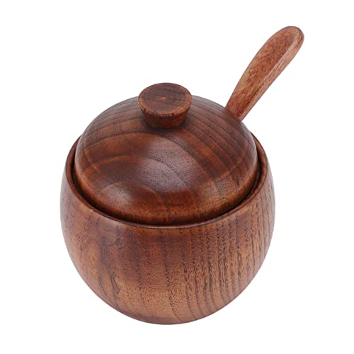 Sugar Bowl, Wooden Salt Bowl with Lid and Spoon Pepper Seasoning Box for Kitchen Countertop