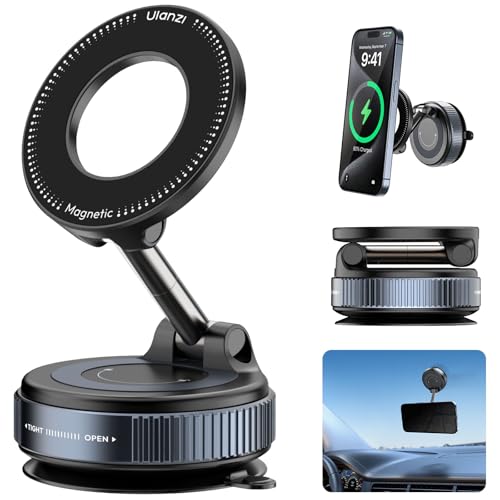 Ulanzi スマホホルダー 真空吸着式スマホホルダー 車載ホルダー 手動強力吸盤 Magsafe対応 真空スマホスタンド 車 360°回転 多角度自由調節 片手操作 折りたたみ式 落下防止 コンパクト 卓上＆車内兼用 iPhone&Android多機種対応