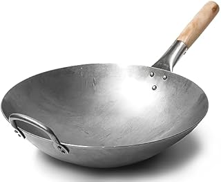 Craft Wok 731W88 tradycyjny ręcznie młotkowany wok ze stali węglowej z uchwytem z drewna i stali, średnica 35,6 cm, okrągłe dno