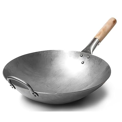 Traditional Hand Hammered Carbon Steel Pow Wok with Wooden and Steel Helper Handle (14 Inch, Round Bottom) / 731W88 by Craft Wok