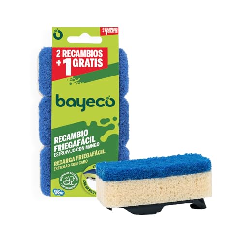 Bayeco Ersatzschwamm mit Griff, ohne Streifen, speziell für empfindliche und antihaftbeschichtete Oberflächen, hohe Festigkeit und Langlebigkeit, einfaches Anbringen, Blau, 3 Stück