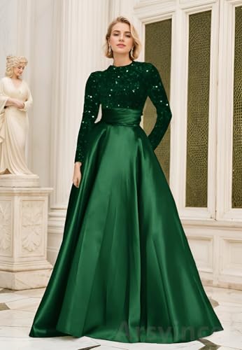 Sequin Prom Dresses Long Ball Gown Long Sleeve Satin Evening Party Gown Round Neck Formal Dresses4