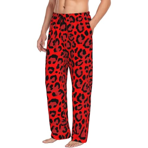 Mens Pajama Pants - Leopard Red Print Soft Sleep Lounge Pants For Men, Casual Pj Bottoms With Pockets