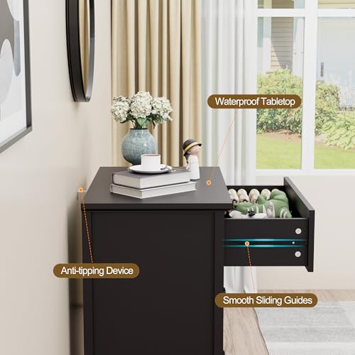 Image of 4 Drawer Dresser for Bedroom, 35'' Tall Storage Chest of Drawers, Black | Farmhouse Dresser for Closet, Wood Storage Cabinet, Vintage Roman Column Legs, Painted Finish, Easy Assembly, Heavy Duty