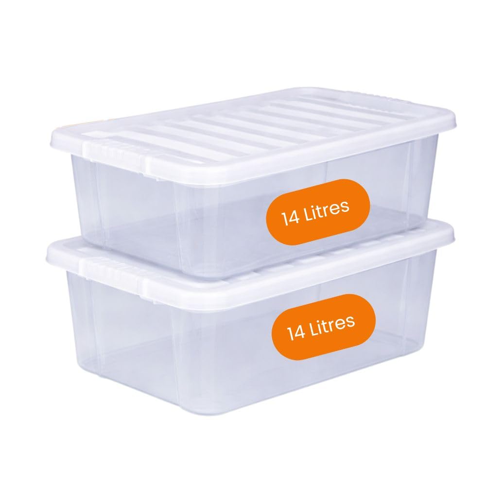 Marco Paul Interiors Clear With Black Lids Marco Paul 2 Pack 14L Storage Boxes With Lids Clear Storage Boxes Plastic Storage Containers Stackable Storage Bins Space Saving Home Storage Organiser Boxes For Clothes Toys Kitchen Cupboard Garage