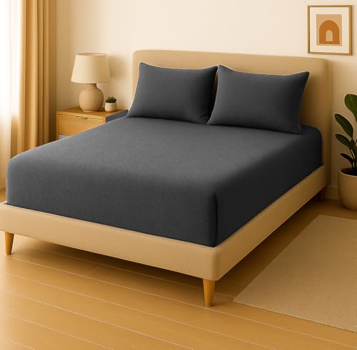 Image of VAS COLLECTIONS Luxury Warm Winter Elastic Fitted Bedsheet with 2 Pillow Covers - Ultra Soft Flannel Velvet Touch, Cozy & Wrinklefree lintfree Size - 78x72+10 Inches (Grey New)