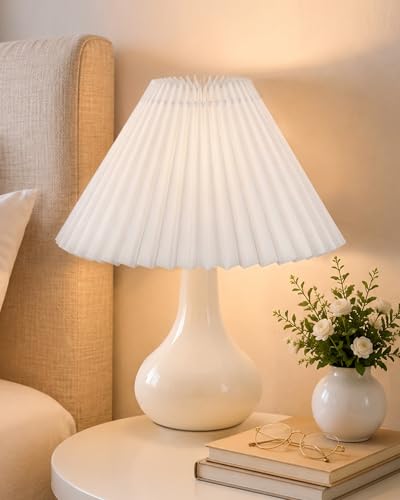 Image of Homesake Modern Small Ceramic Table Lamp, Classic Bedside Desk Lamp for Living Room Bedroom, Farmhouse Home Decor Nightstand Lamps Light with Fabric Pleated Shade, (White Pleated Shade)