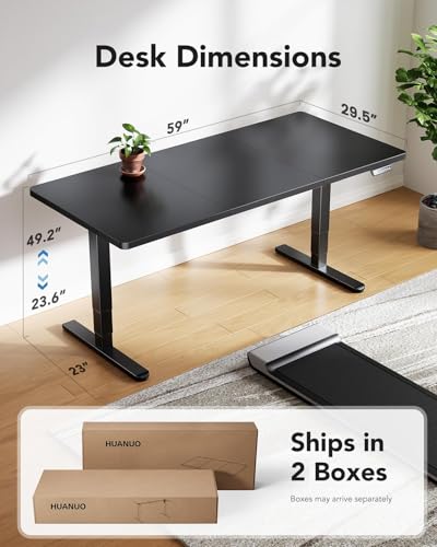 Image of HUANUO 59x30 Inch 3-Stage Legs Electric Standing Desk, Large Height Adjustable Office Desk with Brushless Motor, Stand Up Desk with 4 Memory Presets & 2 Hooks, Computer Desk for Home Office, Black