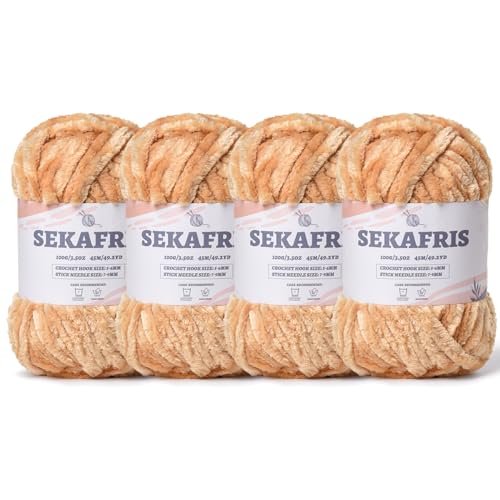 Image of Chenille Velvet Soft Yarn Khaki 4 Pack | 400g /196.8yds Fuzzy Chunky Chenille Yarn for Crocheting Plush Yarn for Hand Knitting Amigurumi Fluffy Yarn