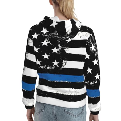 Sweat à capuche rétro bleu fin imprimé drapeau USA pull ajusté femme - 4