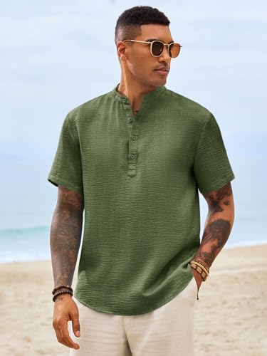Image of Runcati Mens Casual Henley Shirt Short Sleeve Band Collar Textured Shirts Summer Beach Hippie T-Shirts