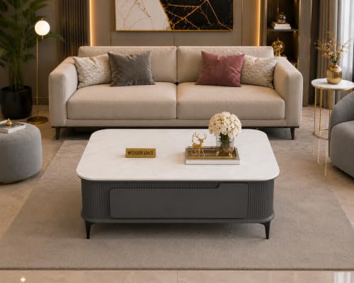 Image of WOODEN SPACE Premium Solo Marble-Top Wooden Center Table for Living Room | Iron Legs | PVD Coating | Modern Entryway Furniture | Coffee Table (Dark Grey, 42x42x18 Inch)