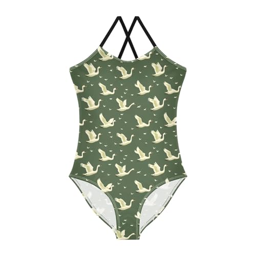 senya Girls Swimsuits One-Piece Swimwear Tie Bathing Suit Beach Summer Round Neck 9-10T Flying Swans on Green Pattern