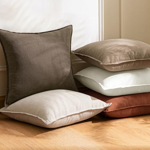 Image of 24x24 Inch Set of 2 Decorative Linen Solid Throw Pillow Covers Boho Accent Farmhouse Couch Pillowcases Modern Netural Euro Home Decor for Couch Sofa Living Room Bed,Dark Coffee