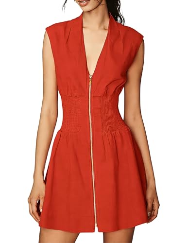 Image of Women's V Neck Summer Dress Cap Sleeve Zipper Mini Dress Smocked Slit Dress with Pockets