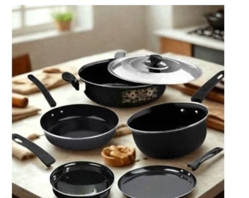 Image of Ceramic Coated Cast Iron Non Stick Induction Cookware Set 6 Piece Kadai Fry Pan Tawa Saucepan Milk Pan Kitchen Set Black Free Size