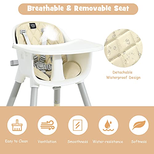 Image of BABY JOY High Chair, 5 in 1 Convertible Highchair for Babies & Toddlers | Booster Seat | Table and Chair Set | Infant Feeding Chair with Removable Tray, Safety Harness, Removable Cushion (Beige)
