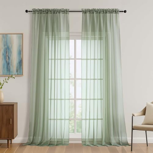 Image of OVZME Sage Green Bedroom Curtains 96 Length for Farmhouse, 59 Inch Extra Wide Light Filtering Voile Drapes Light Airy Window Decor for Patio Door Living Room Bedroom Dining, 59Wx96L Inches