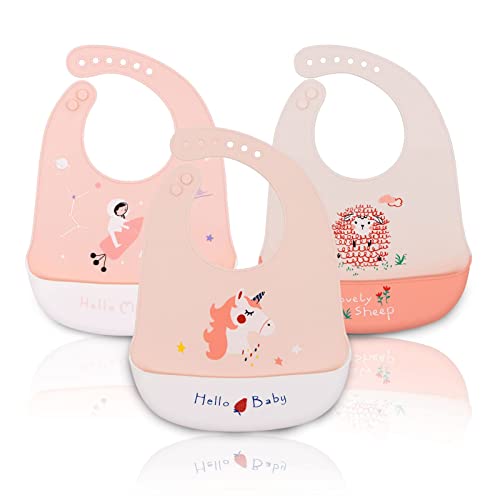 Bluesaly Bavoir d'alimentation Bavoir en Silicone Impermeable Souple Bébé Bavoir Col Ventouse Enfant Fille Garçon Ajustable Etanche Recuperateur Larges Avec Grande Poche Bavette Rose Jaune Grise-3 PCS Cover