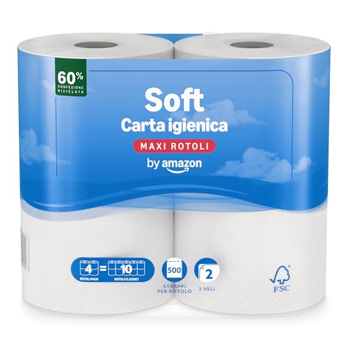 by Amazon Papel Higiénico (Rollo Grande), Acolchado de 2 Capas, Suave y Delicado, 4 Rollos (1 Paquete de 4), 500 Hojas por Rollo