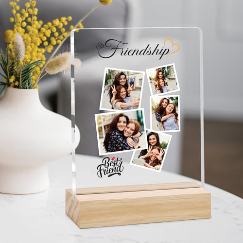 Image of Giftplease Customized Friends Plaque with Wooden Stand | Personalized Photo Frame with Quote | Best Friend Birthday Gift, Farewell Gift, Friendship Day Gift for BFF Keepsake Room Decor FR 07