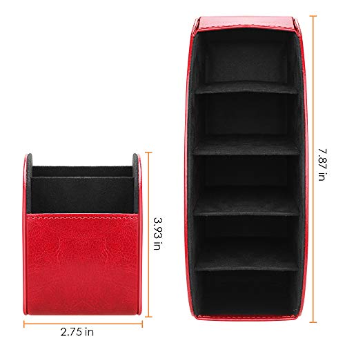 Image of SITHON Remote Control Holder with 5 Compartments - PU Leather Remote Caddy Desktop Organizer Store TV, DVD, Blu-Ray, Media Player, Heater Controllers, Red