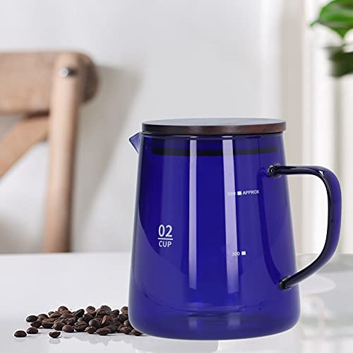 Glass Coffee Server, 500ml Coffee Carafe with Wooden Lid Pourover Decanter Clear Coffee Maker Glass Coffee Pot Teapot Clear Teakettle(Blue)