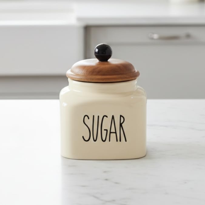Image of Ceramic Sugar Jar Container Airtight Kitchen Storage Containers with Wooden Lids - Handcrafted Ceramic Canisters for Countertop, Pantry & Home Decor - 600ml, Beige