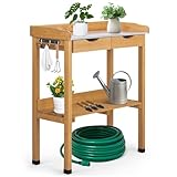 Outvita Outdoor Garden Potting Bench Table Work Bench with 2 Drawer, Storage Shelf, Metal Tabletop, 3 Hooks for Horticulture, Natural Wood