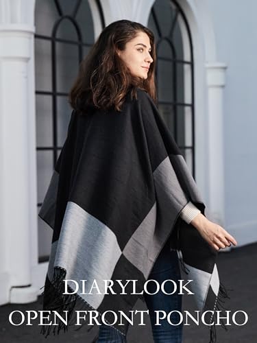 DiaryLook Damen Poncho Schal Winter Cardigan Übergroße Cape Elegant Poncho Für Frauen Umhang Damen Warm Geschenk Für Mutter Schwarz Hellgrau Gestreift