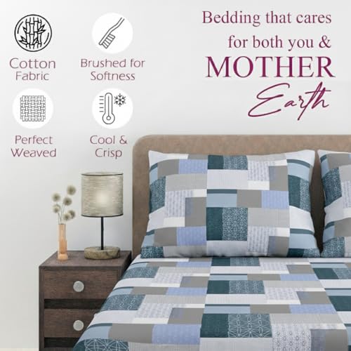 Image of Trance Home Linen 100% Cotton 144TC Elastic Fitted Bedsheet | Printed Double Size Bed Elasticated Fitted Bedspread with 2 Pillow Covers (75x72 inch, Abstract Green)