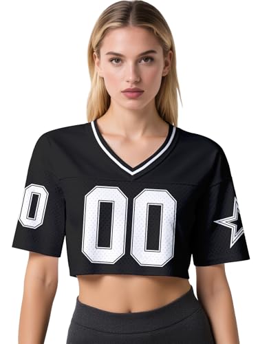 Custom Football Jersey Shirts for Women Y2k Crop Tops Number Name Mesh Streetwear Sportswear V-Neck Short Sleeve Tees XS~2XL3