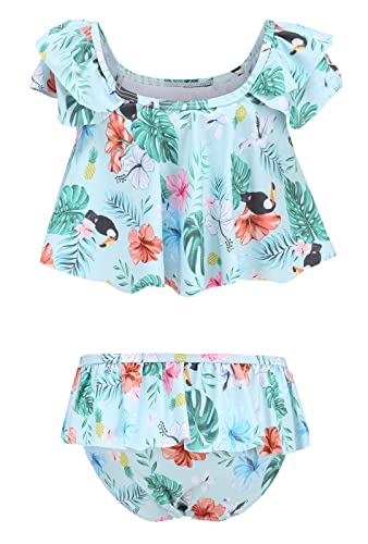 Image of HowJoJo Girls Two Piece Tankini Swimsuit Green Floral Bathing Suit Swimwear