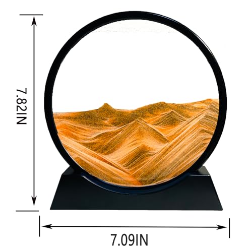 Sandbilder Zum Drehen - Dynamisches Sandbild Runde Glas Rahmen, Bewegliche Sandkunst Landschaft, 3D Fließende Sandmalerei Geschenk für Büro Desktop Dekoration (Gelb, 7)