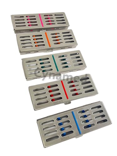 5 Pack | Sterilization Box for 5 Instruments with Silicone Inserts | Blue, Green, Orange, Pink, Red | German Stainless Steel Autoclave Box | for Dental Instruments Sterilization