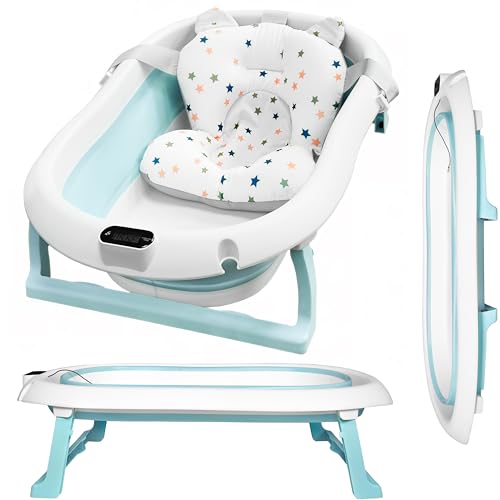 ALMAR Baby Bañera Plegable Bebé hasta 24 meses Azul Celeste con Termómetro Asiento Reductor para Recien Nacido con Patas Antideslizante Indicador de Temperatura Compacta