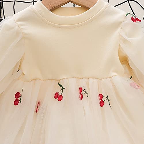 Vestido infantil para meninas outono inverno manga longa cereja malha patchwork malha tule vestido p