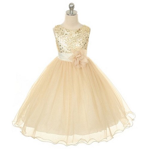 Kid's Dream Girls Gold Sequin Double Mesh Flower Girl Dress,Color:Gold,Size:82
