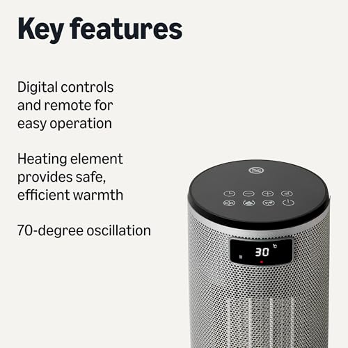 Amazon Basics Space Heater for Indoor Use with PTC Ceramic Technology, 1500W, Remote Control, 70° Oscillation, Digital Controls, 16-inch, Grey by Amazon Basics - Image 2
